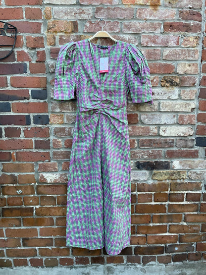 zara plaid print puff sleeve midi dress