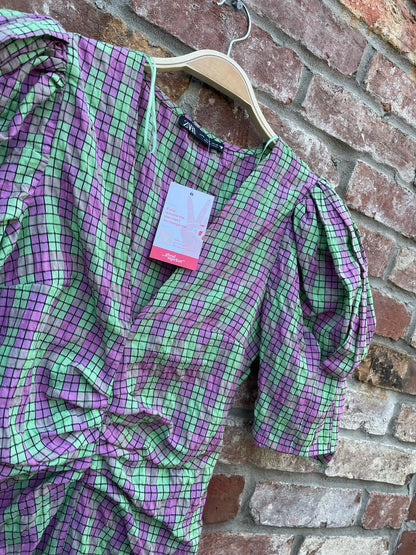 zara plaid print puff sleeve midi dress