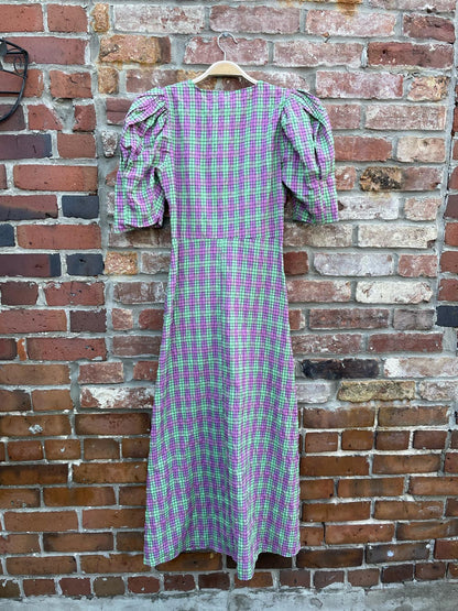 zara plaid print puff sleeve midi dress