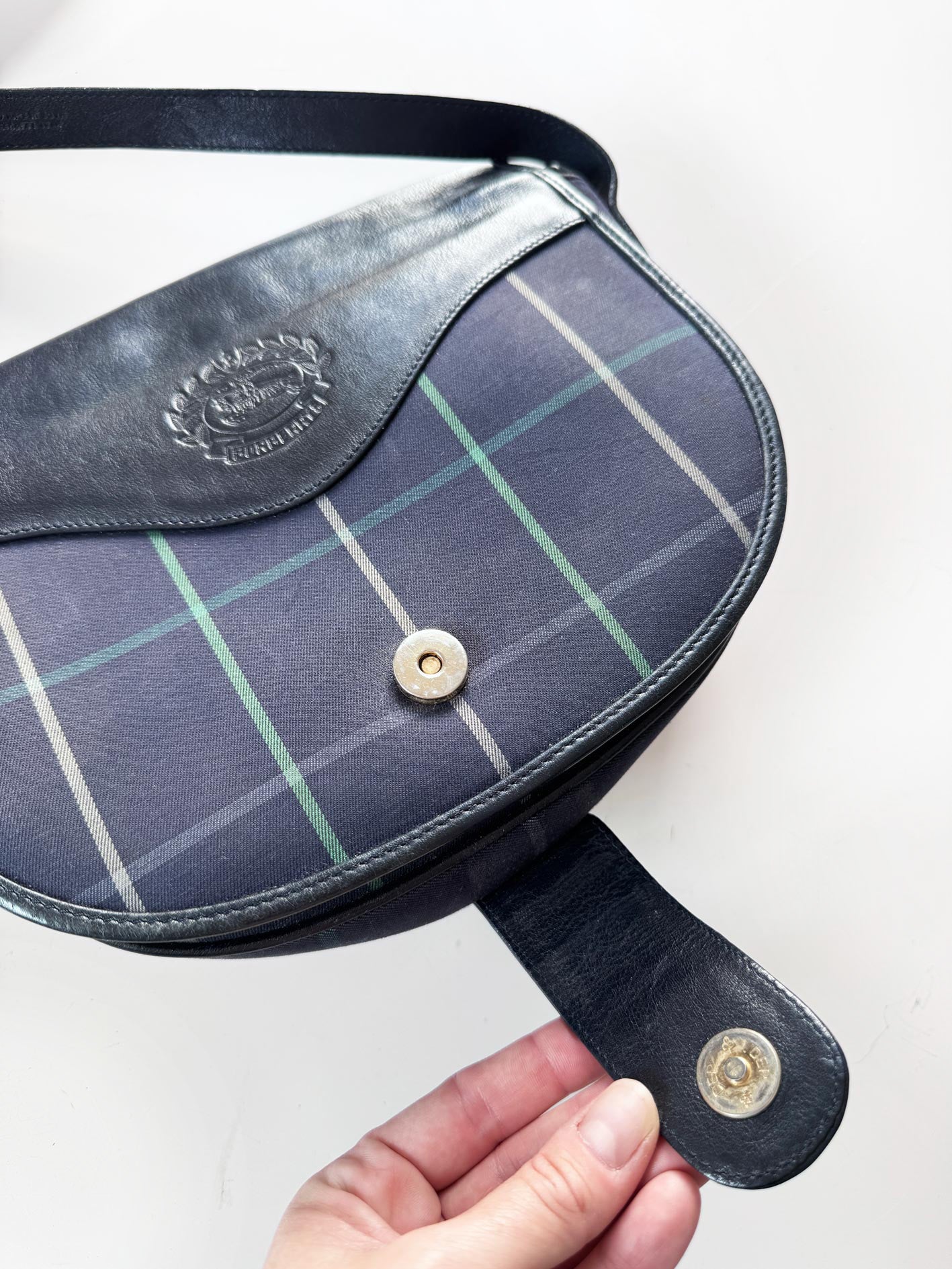 vintage burberrys leather + tartan shoulder bag