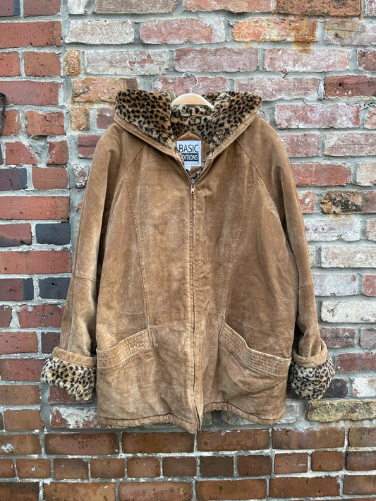 vintage 00s BE leopard faux fur lined suede coat