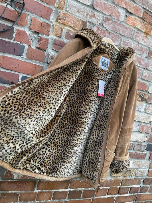 vintage 00s BE leopard faux fur lined suede coat