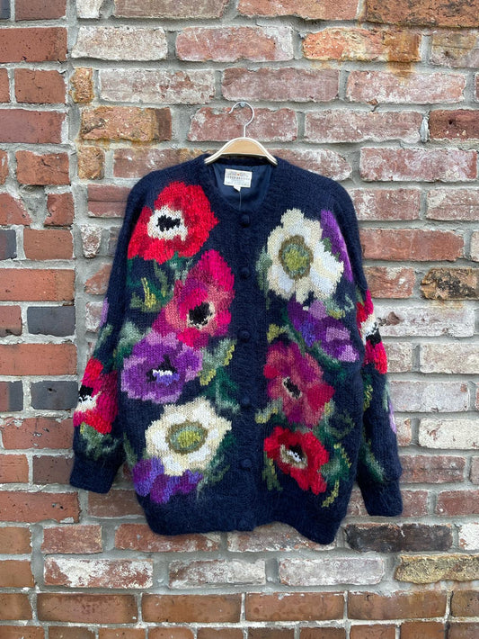 vintage 90s susan bristol mohair floral knit sweater jacket