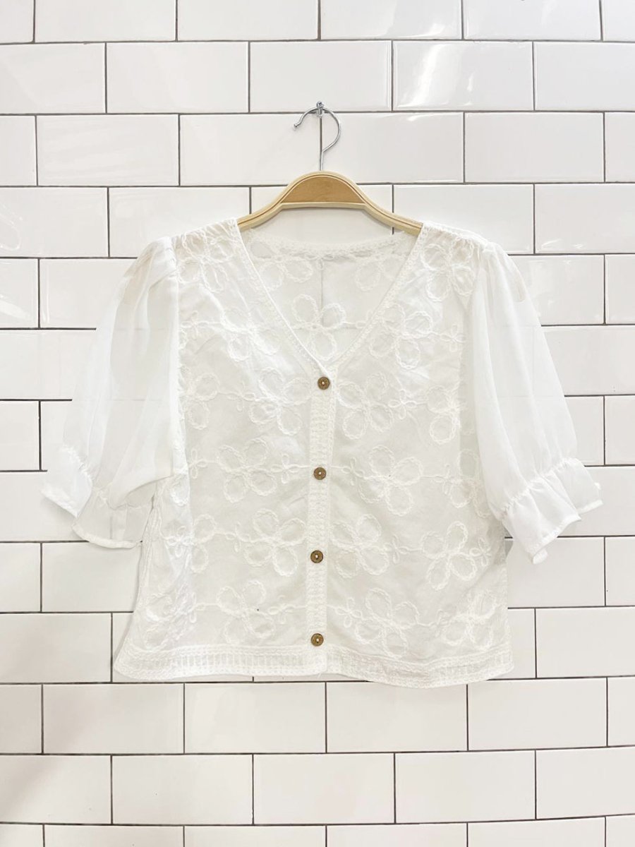 boho embroidered flowers chiffon sleeve top - good market thrift store