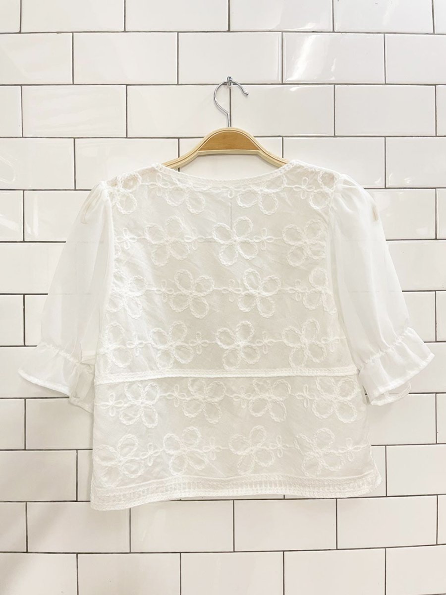 boho embroidered flowers chiffon sleeve top - good market thrift store