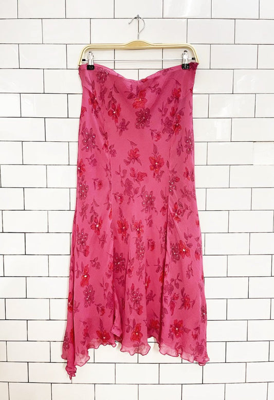 y2k 100% silk chiffon floral midi skirt / strapless dress - good market thrift store