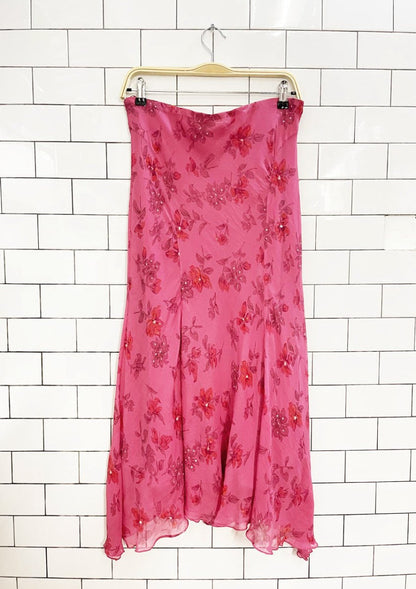 y2k 100% silk chiffon floral midi skirt / strapless dress - good market thrift store
