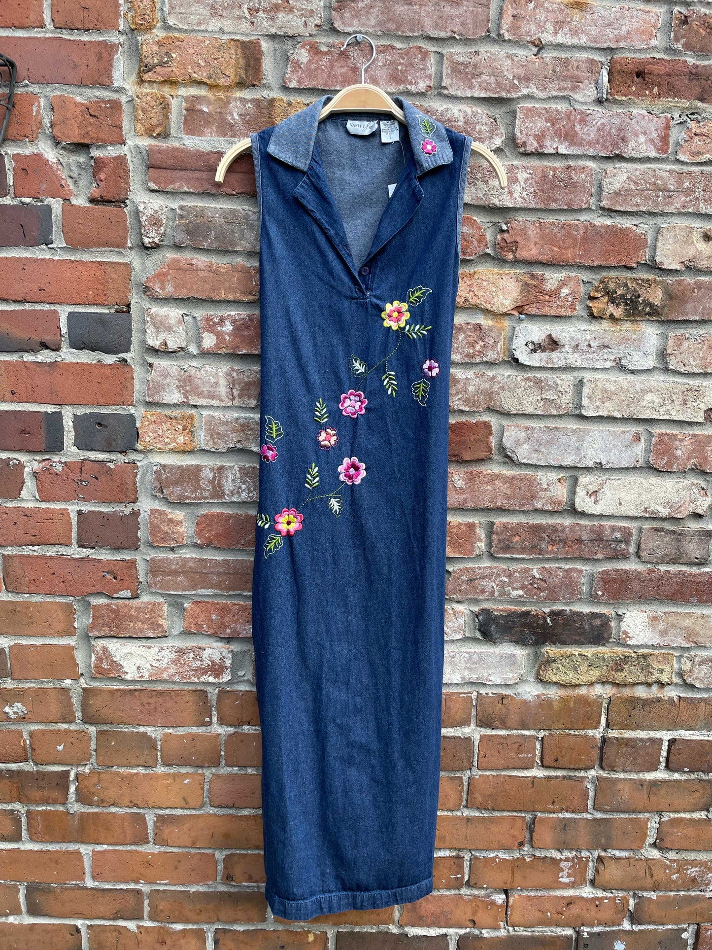 vintage 00s vanity fair embroidered denim maxi dress