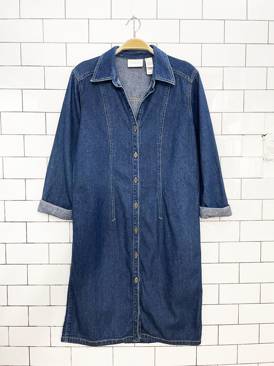 vintage 00s liz claiborne full button long sleeve denim midi dress | lizwear jeans
