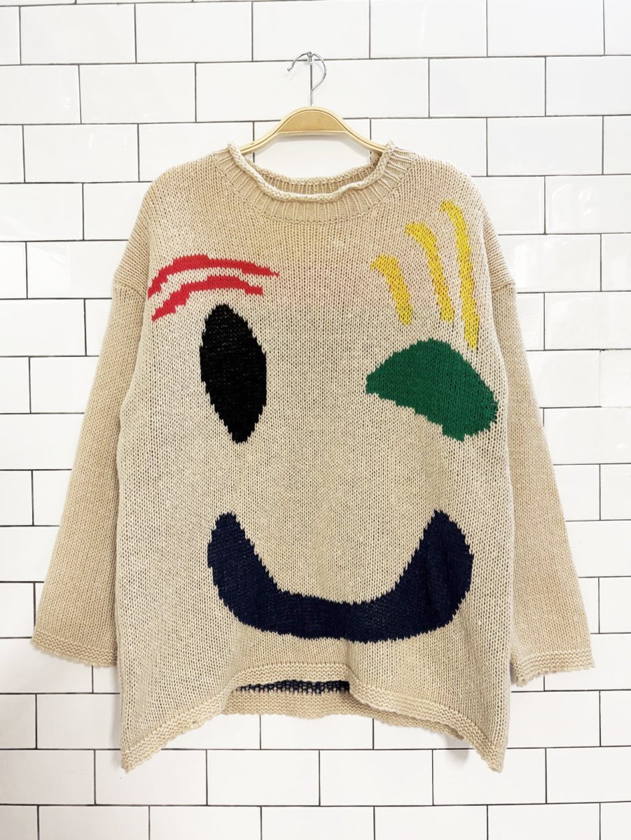 wink face loose knit oversized sweater - good market thrift store