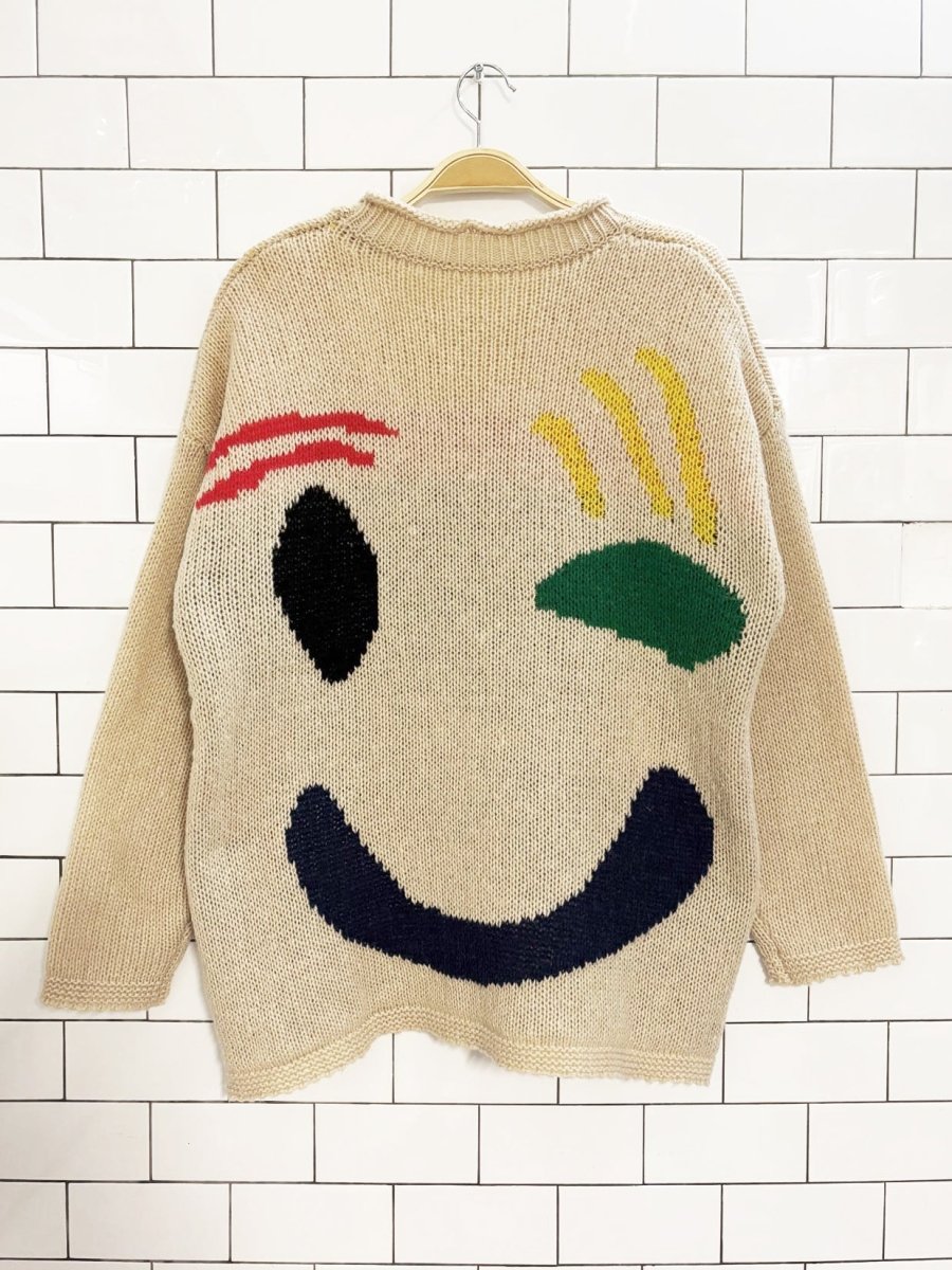 wink face loose knit oversized sweater - good market thrift store