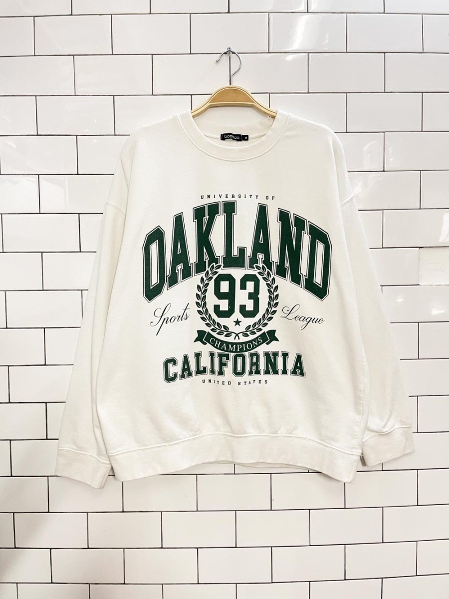 boohoo oakland california varsity graphic sweatshirt - good market thrift store