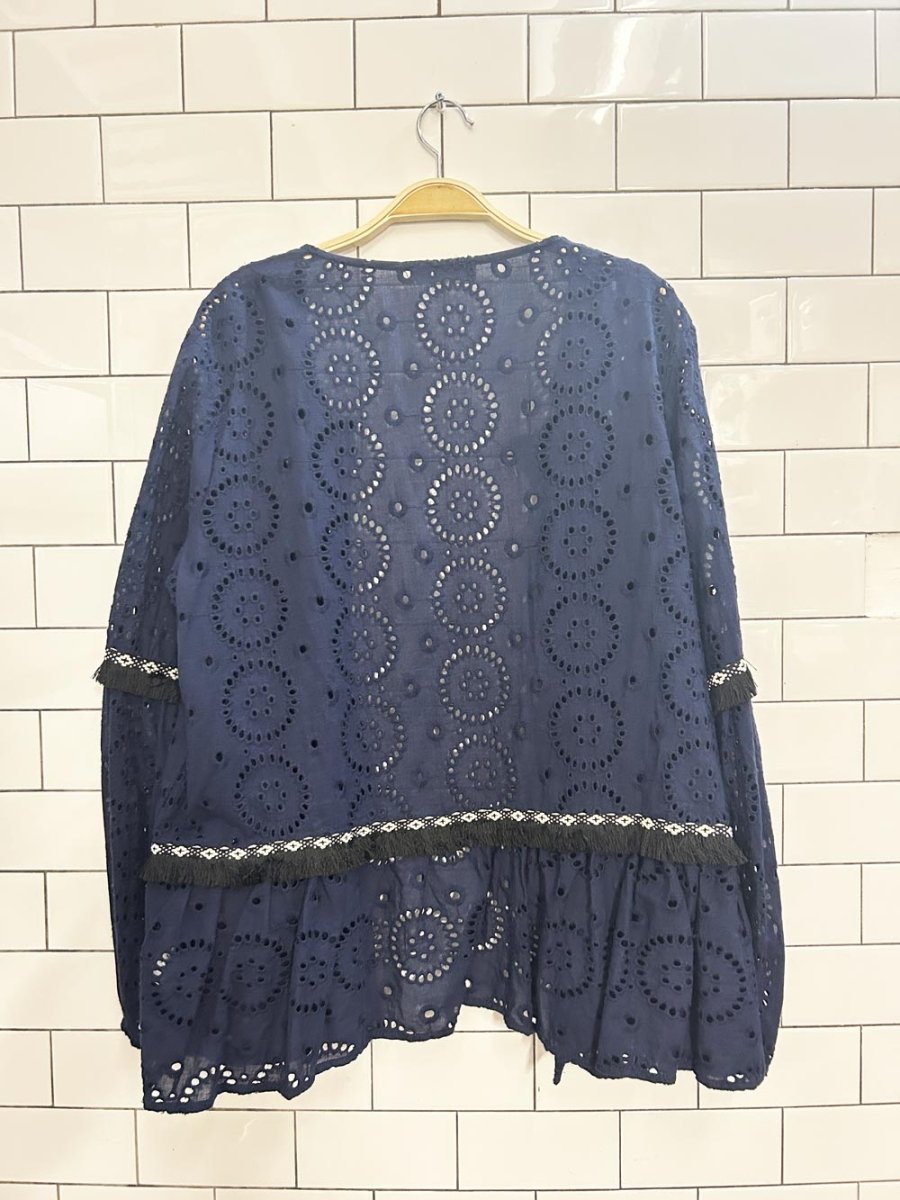 suzanne betro fringe trim boho eyelet jacket - good market thrift store