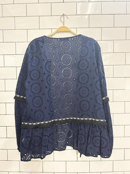 suzanne betro fringe trim boho eyelet jacket - good market thrift store