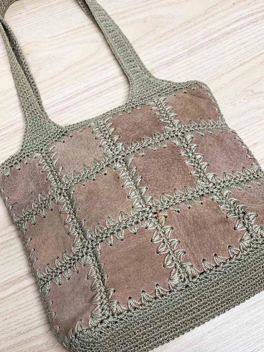 vintage 00s crochet knit leather patchwork boho shoulder bag