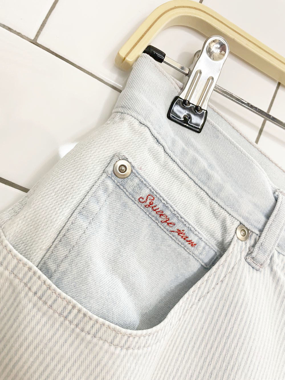 vintage 90s squeeze jeans blue stripe carpenter denim shorts