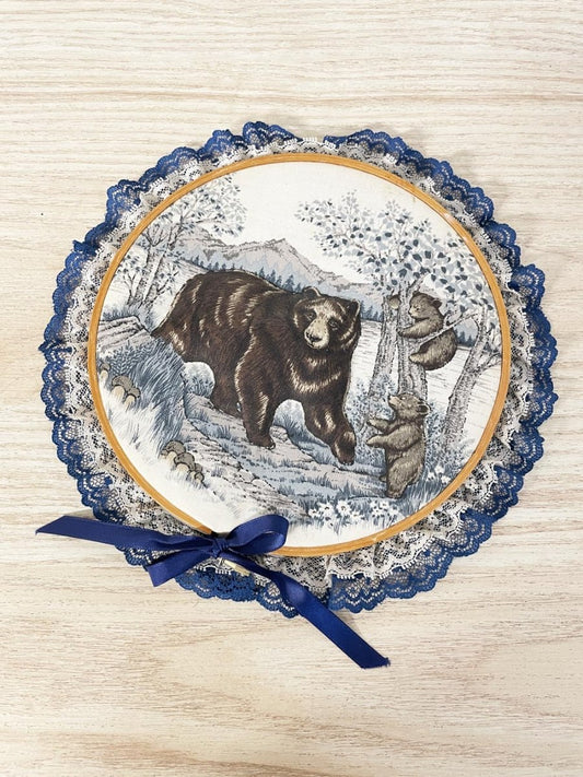 vintage puff bear nature scene embroidery hoop art - good market thrift store