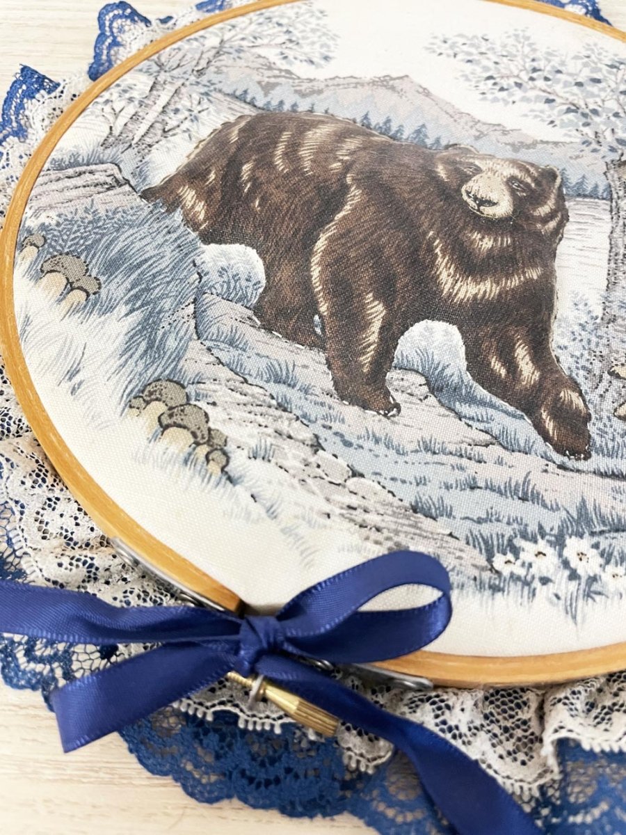 vintage puff bear nature scene embroidery hoop art - good market thrift store