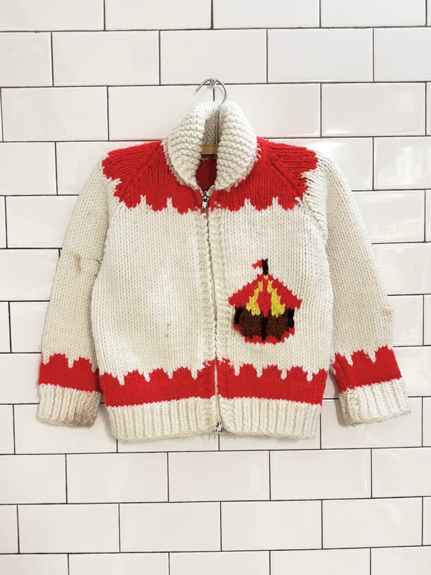 vintage 70s 100% wool carnival knit cowichan sweater - good market thrift store