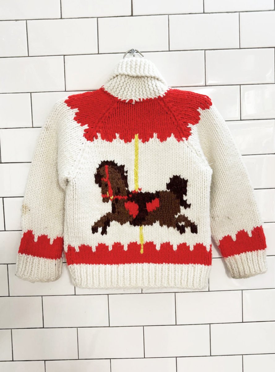 vintage 70s 100% wool carnival knit cowichan sweater - good market thrift store