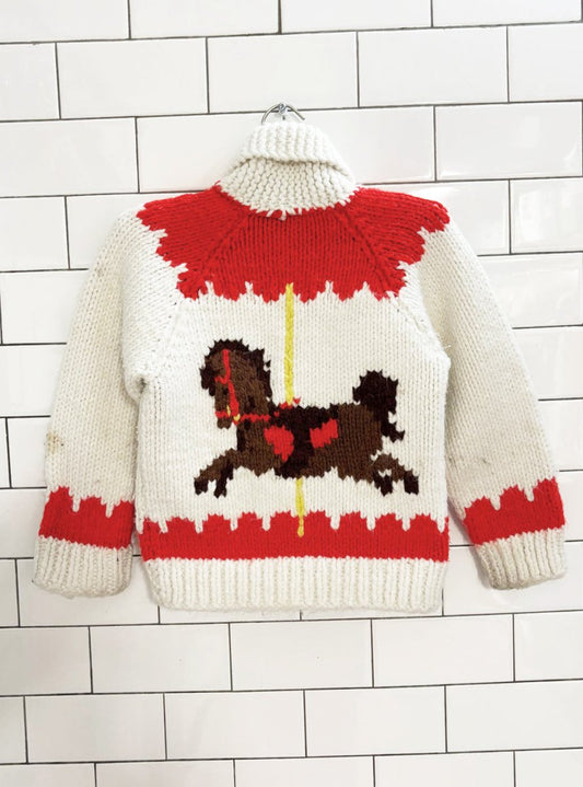 vintage 70s 100% wool carnival knit cowichan sweater - good market thrift store
