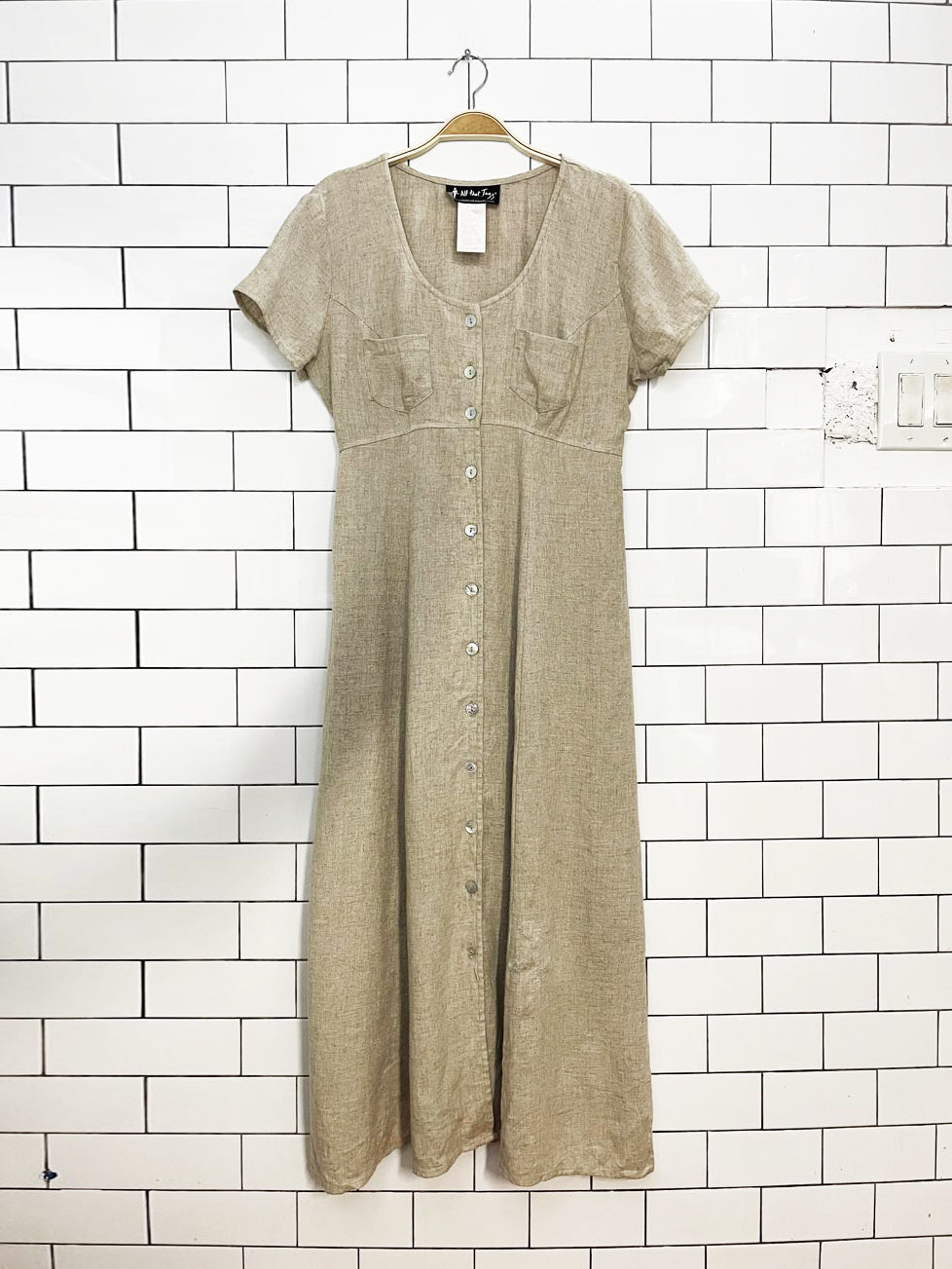 vintage 90s all the jazz linen-blend full button short sleeve maxi dress