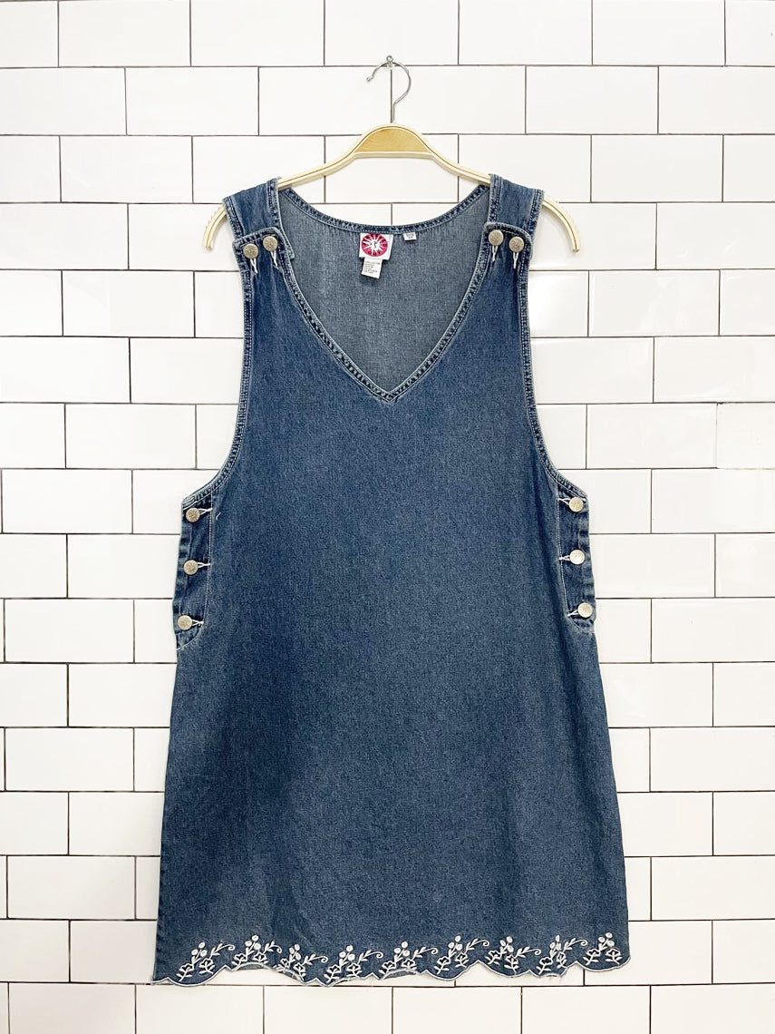 vintage 90s stressed out embroidered denim mini dress