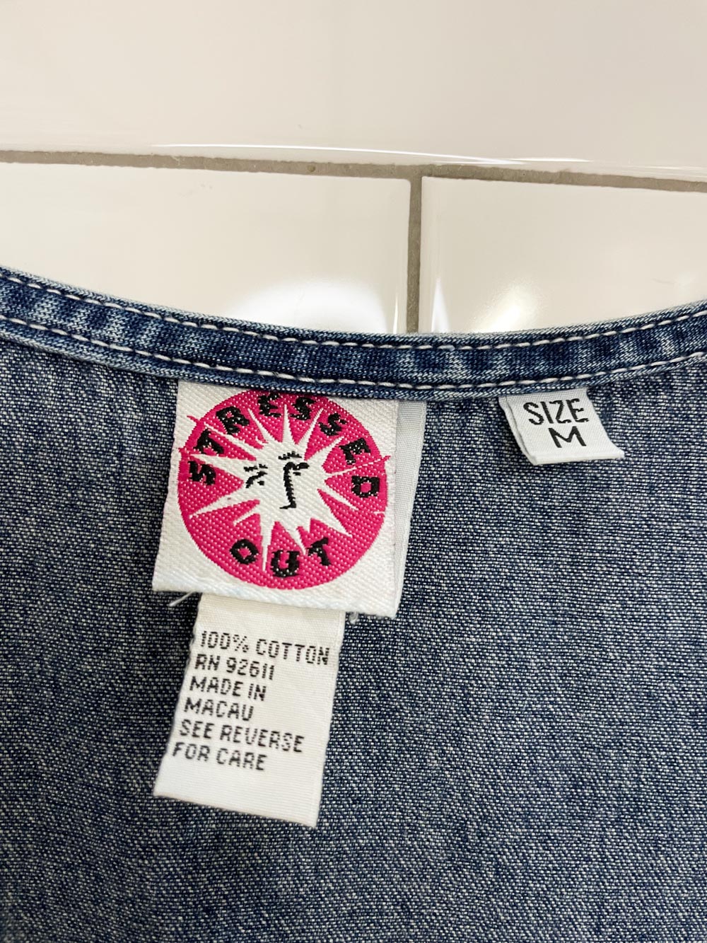 vintage 90s stressed out embroidered denim mini dress