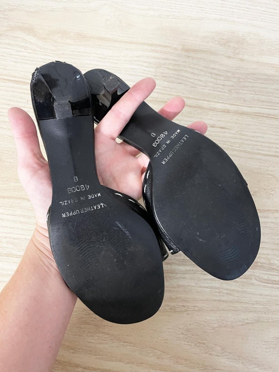 y2k white house black market leather contrast stitch heeled sandals - good market thrift store