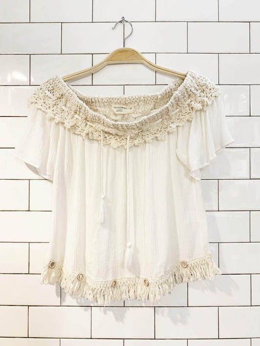 ocean drive crochet trim off shoulder boho top