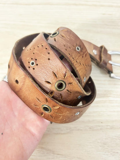 vintage boho laser cut leather belt - good market thrift store