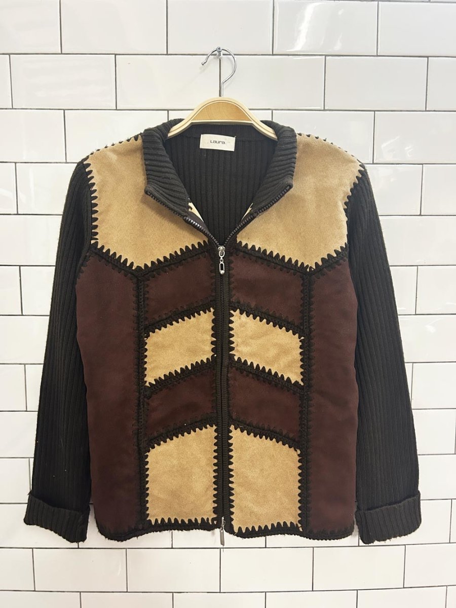 vintage 00s laura boho suede crochet patch zip sweater - good market thrift store
