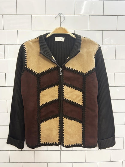 vintage 00s laura boho suede crochet patch zip sweater - good market thrift store