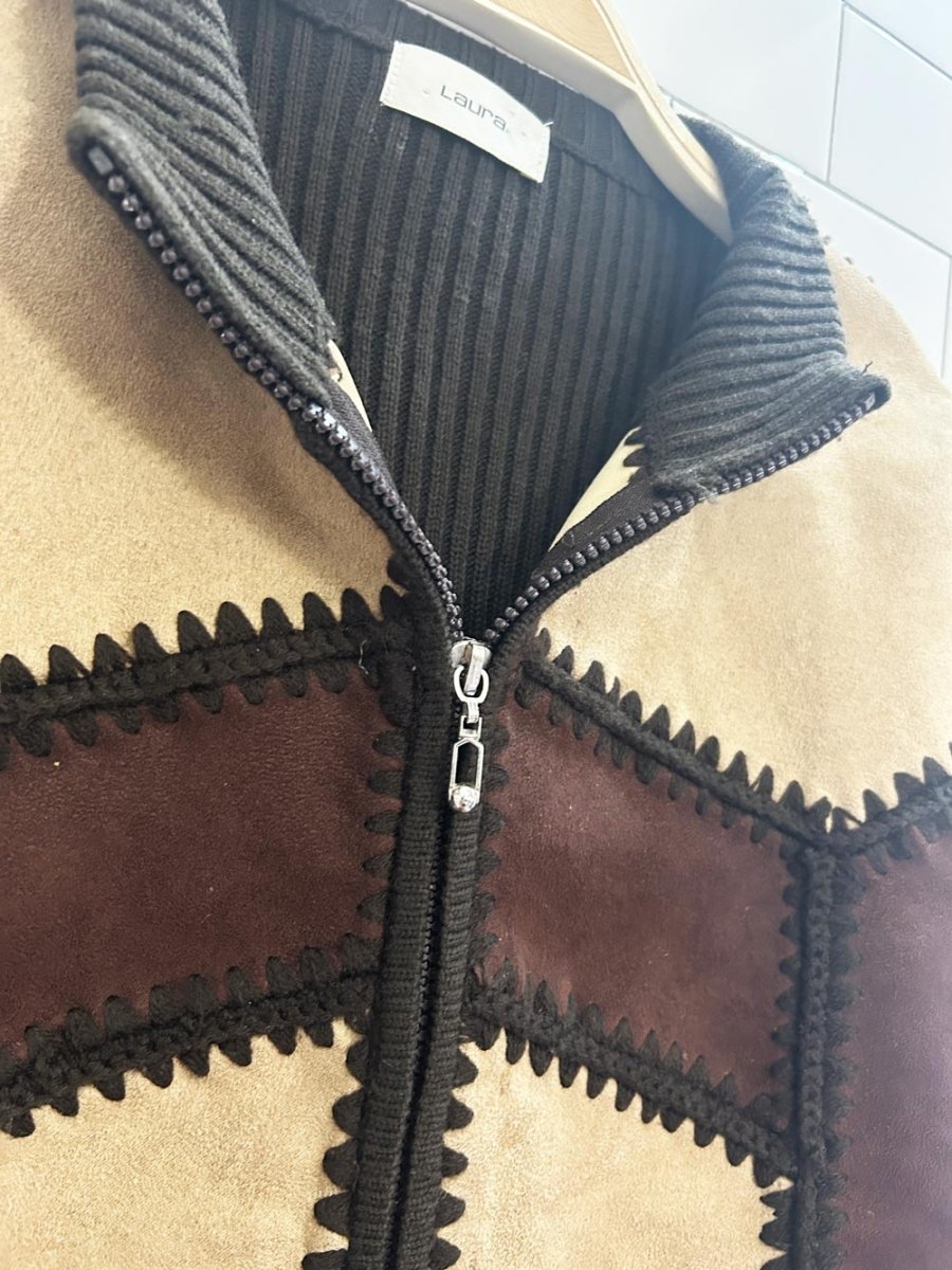 vintage 00s laura boho suede crochet patch zip sweater - good market thrift store