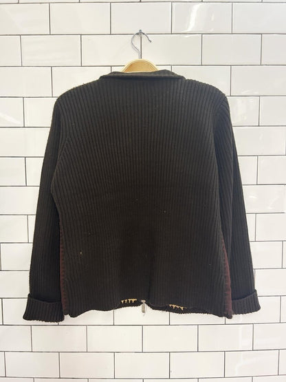 vintage 00s laura boho suede crochet patch zip sweater - good market thrift store