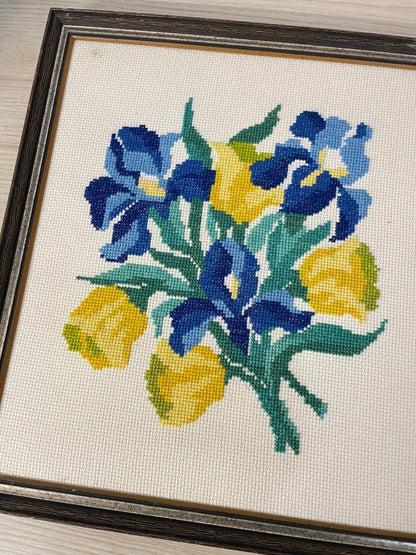 vintage 70s handmade cross stitch flower art - good market thrift store