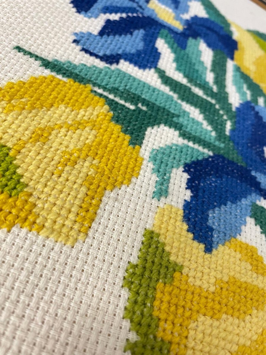 vintage 70s handmade cross stitch flower art - good market thrift store