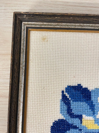 vintage 70s handmade cross stitch flower art - good market thrift store