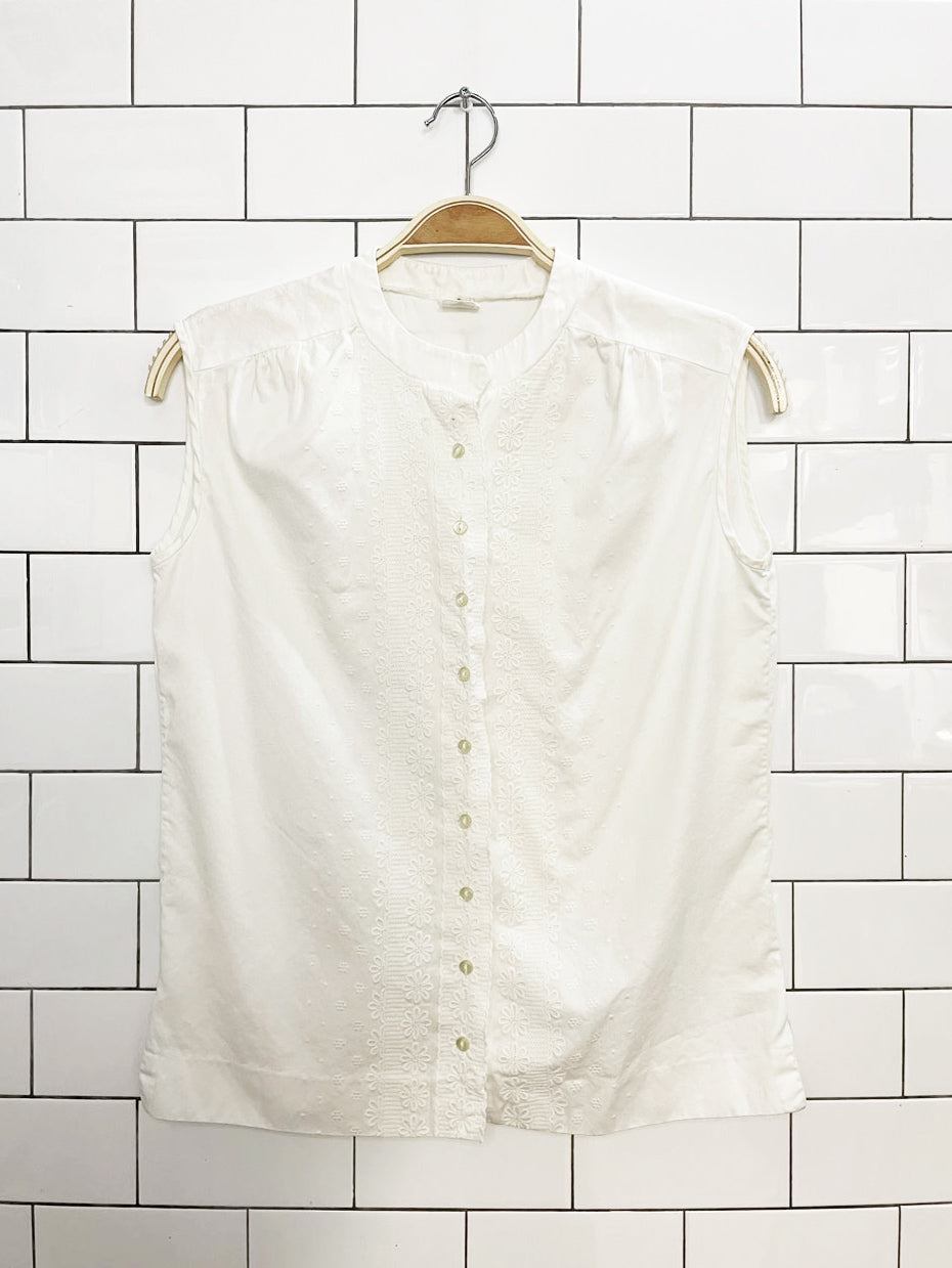 vintage elite flower embroidered sleeveless full button shirt