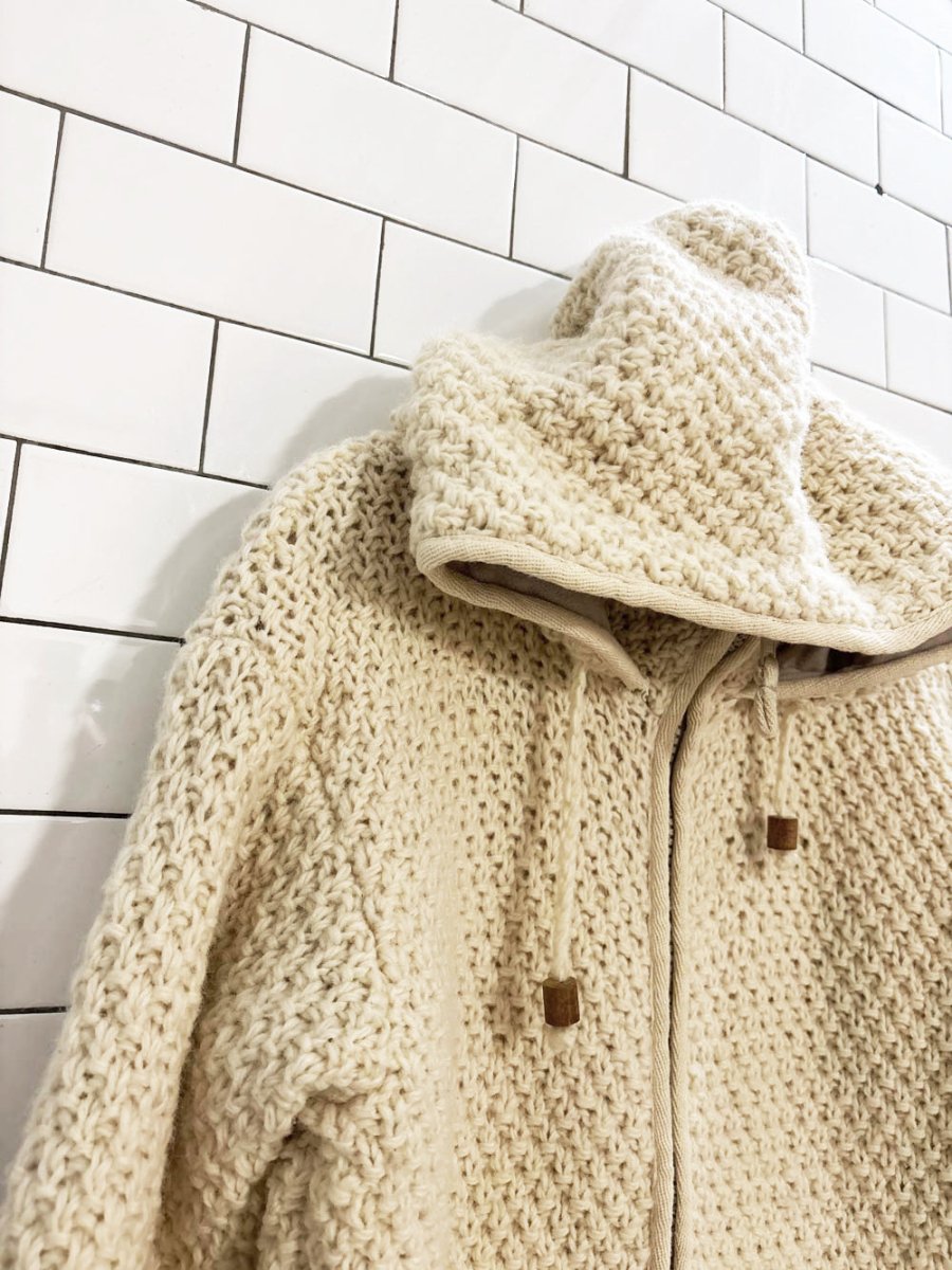 vintage 90s laundromat 100% wool knit hooded sweater jacket - good market thrift store