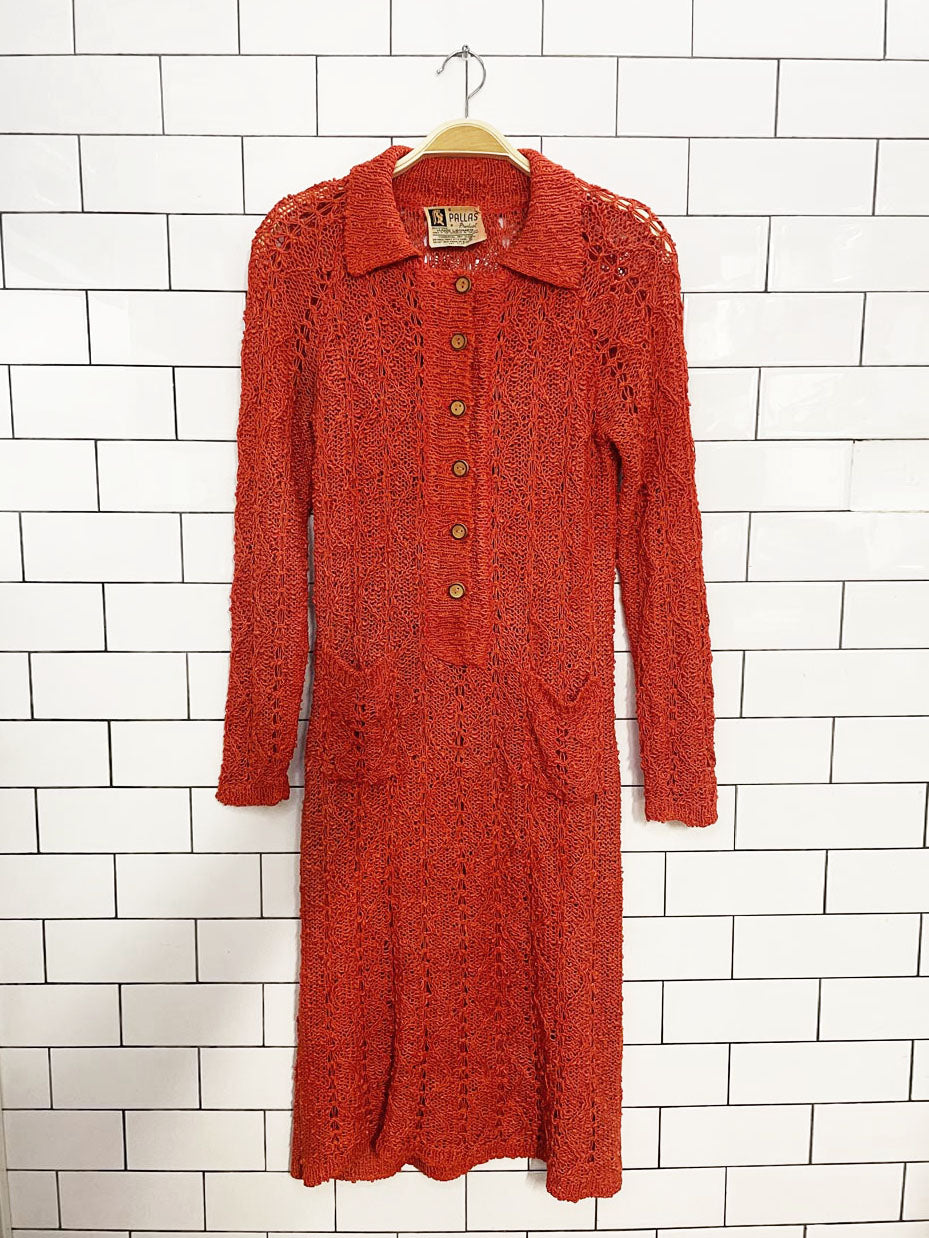 vintage 70s pallas 100% irish linen crochet knit half button midi dress | hand-loomed in ireland