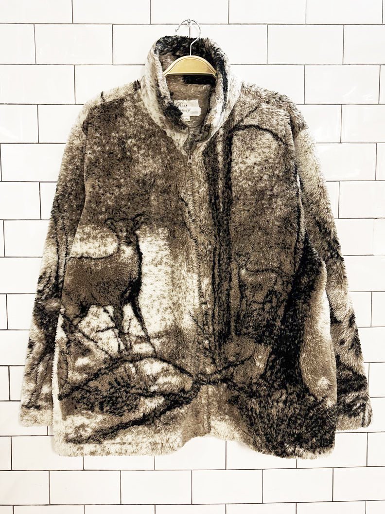 vintage 90s deer all over print fleece jacket - good market thrift store