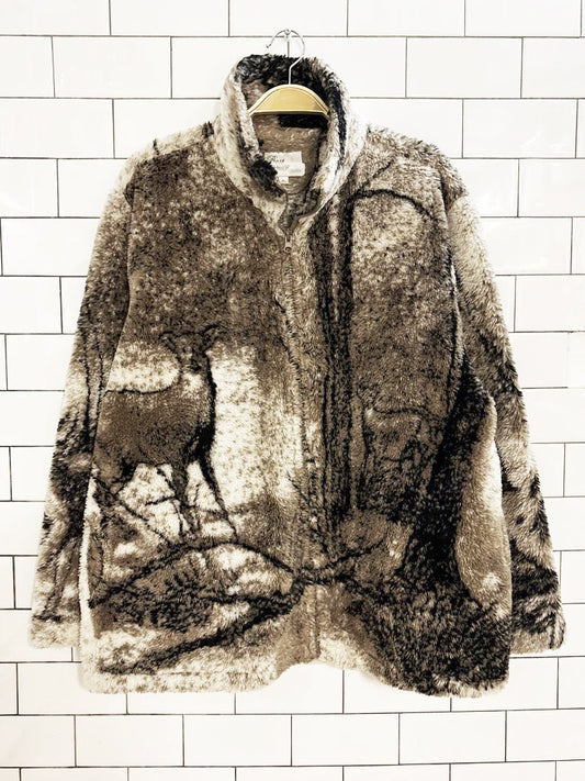 vintage 90s deer all over print fleece jacket - good market thrift store