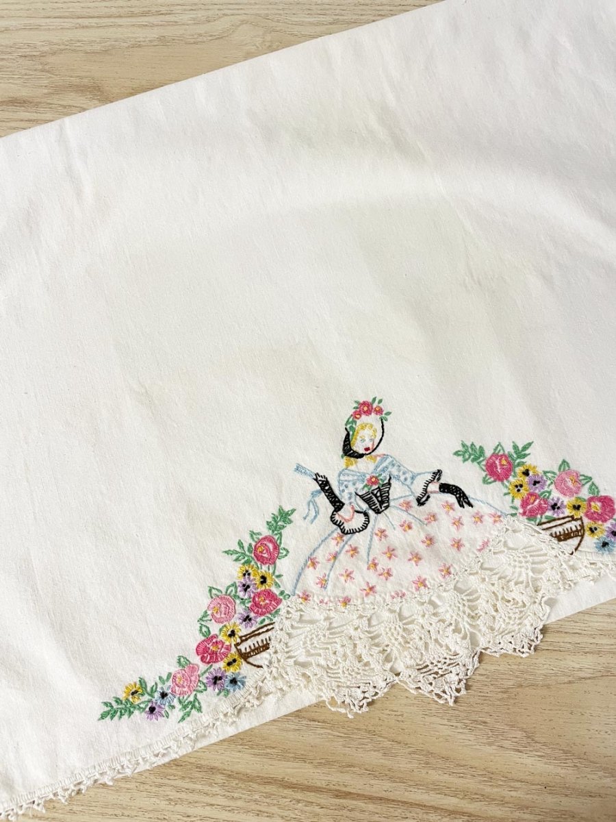 vintage embroidered garden girl lace trim pillow case - good market thrift store