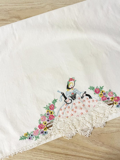 vintage embroidered garden girl lace trim pillow case - good market thrift store