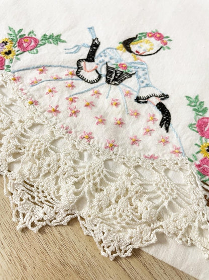 vintage embroidered garden girl lace trim pillow case - good market thrift store