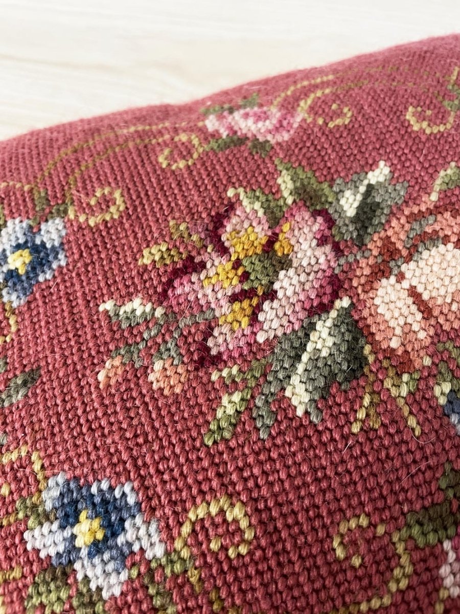 vintage needlepoint retro floral pillow - good market thrift store