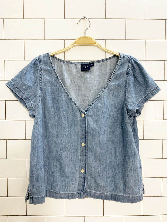 gap denim v-neck full button tee