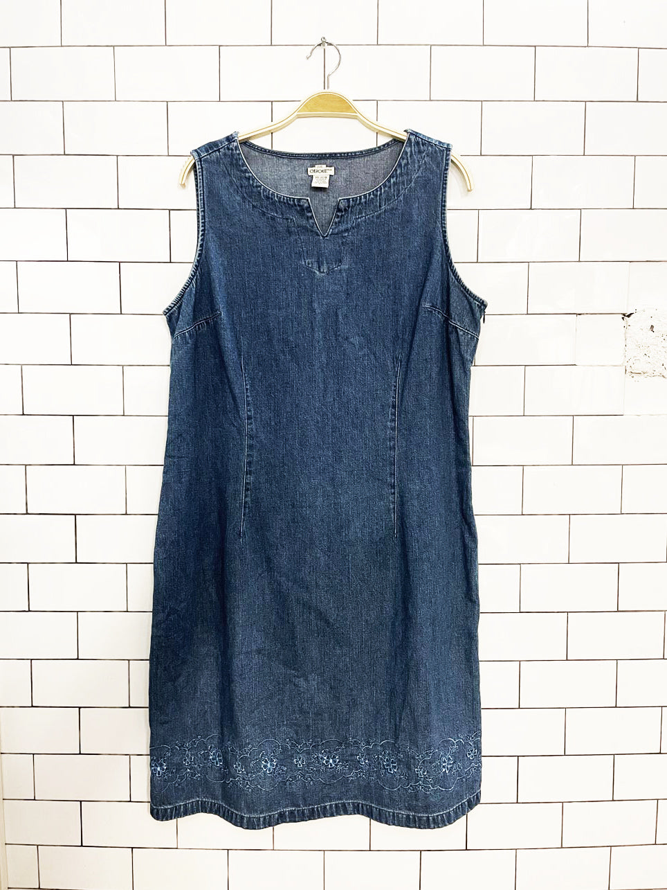 vintage 90s cherokee embroidered sleeveless denim midi dress