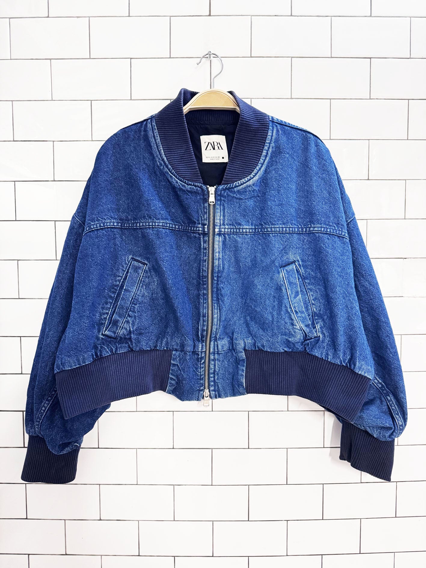 zara two-tone puff batwing cropped denim jacket